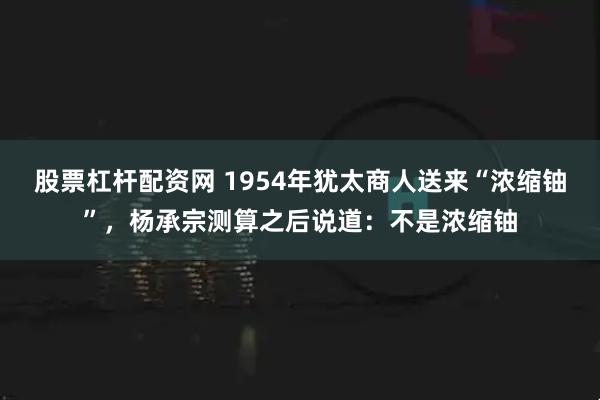 股票杠杆配资网 1954年犹太商人送来“浓缩铀”，杨承宗测算之后说道：不是浓缩铀